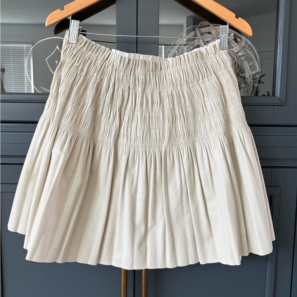7 for All Mankind Light Cream/Taupe Smocked Faux Leather Mini Skirt
